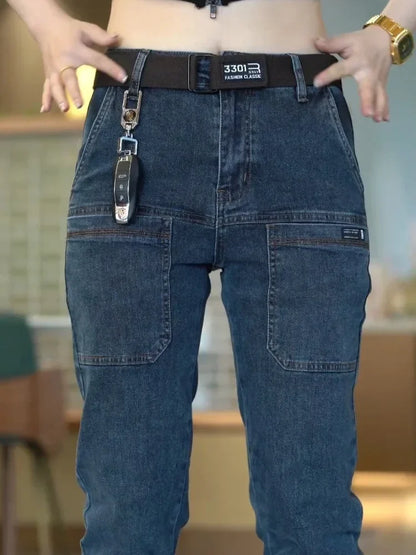 Spring Summer Thin Six Pocket Men's Jeans Elastic Straight Leg Casual Slim Fit Jeans Versatile Multi-Pocket Long Y2K Denim Pants