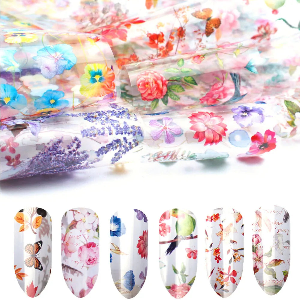 16Pc Holographic Nail Foil Set Starry Transfer 20*4cm Sticker Laser Flowers Leopard Mix Design Decal DIY Nail Art Decoration