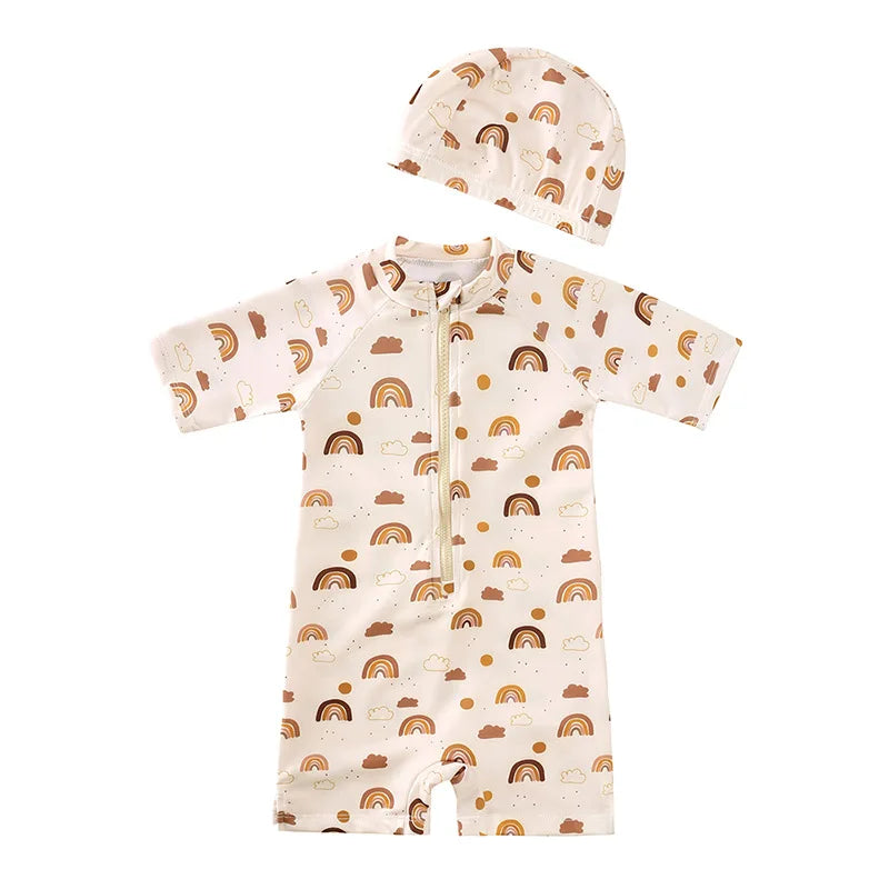 Baby Toddler One-piece Swimsuit With Hat Cartoon Print Kids Short Sleeve Zipper Swimwear Sun Protection For 0-7Y Boys Girls