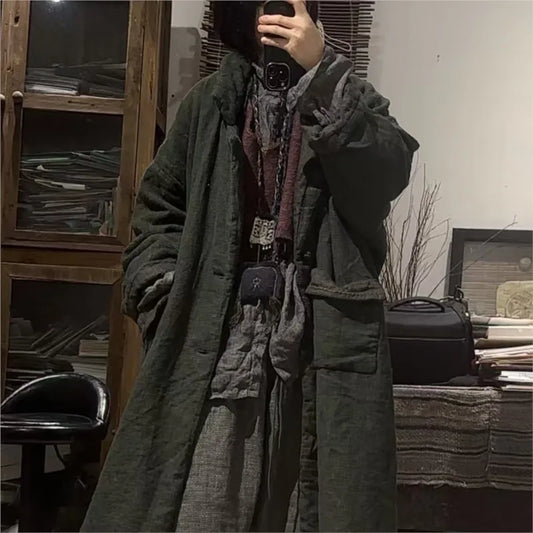 Johnature Women Vintage Solid Color Parkas 2025 Spring New Stand Long Sleeve Linen Coats Button Patchwork Pockets Long Parkas