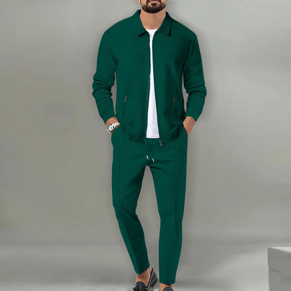 Autumn Winter Men's Casual Blazer Set New Fashion Waffle Baseball Suit Round Neck Pocket Zipper Long Sleeve Trousers Two-Piece S