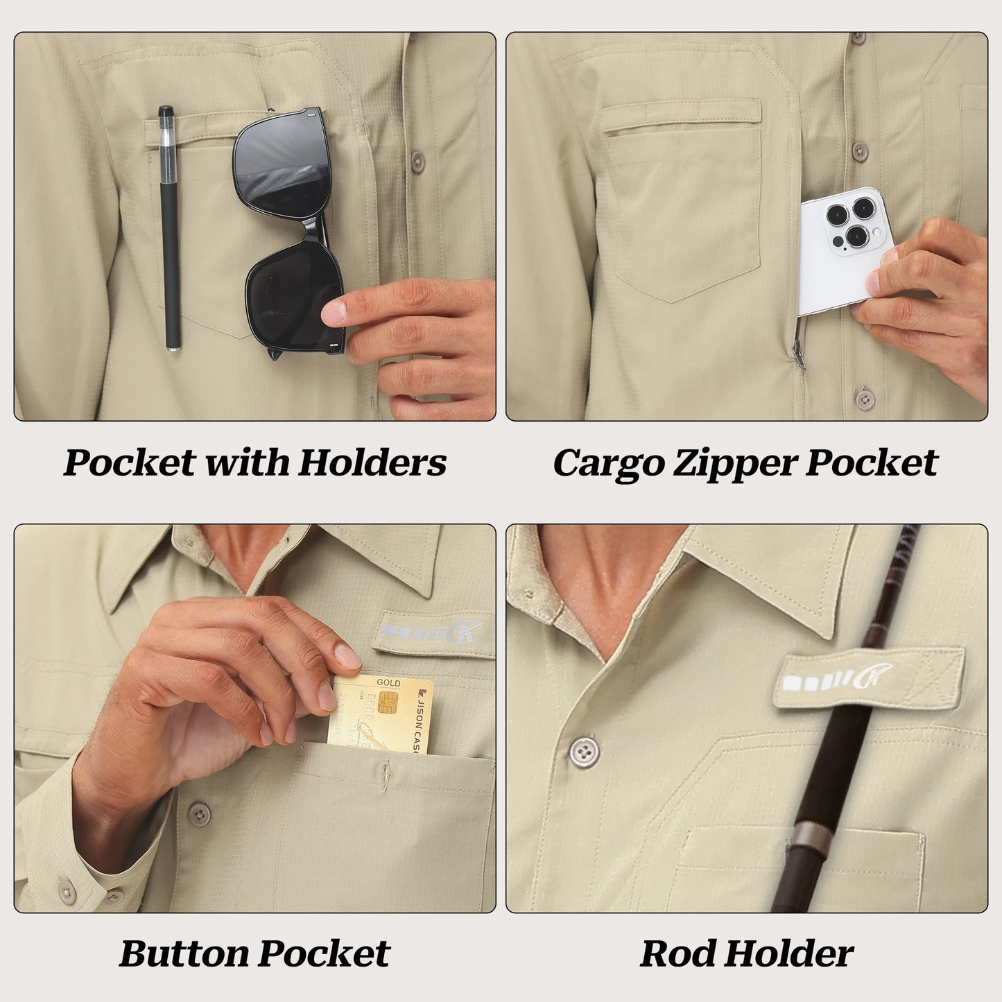 Men's Long Sleeve Fishing Shirts UPF 50+ Sun Protection Breathable Lightweight Travel Work Button Down Shirt with Zipper Pocket