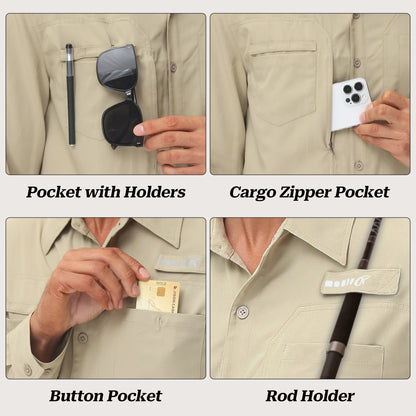 Men's Long Sleeve Fishing Shirts UPF 50+ Sun Protection Breathable Lightweight Travel Work Button Down Shirt with Zipper Pocket