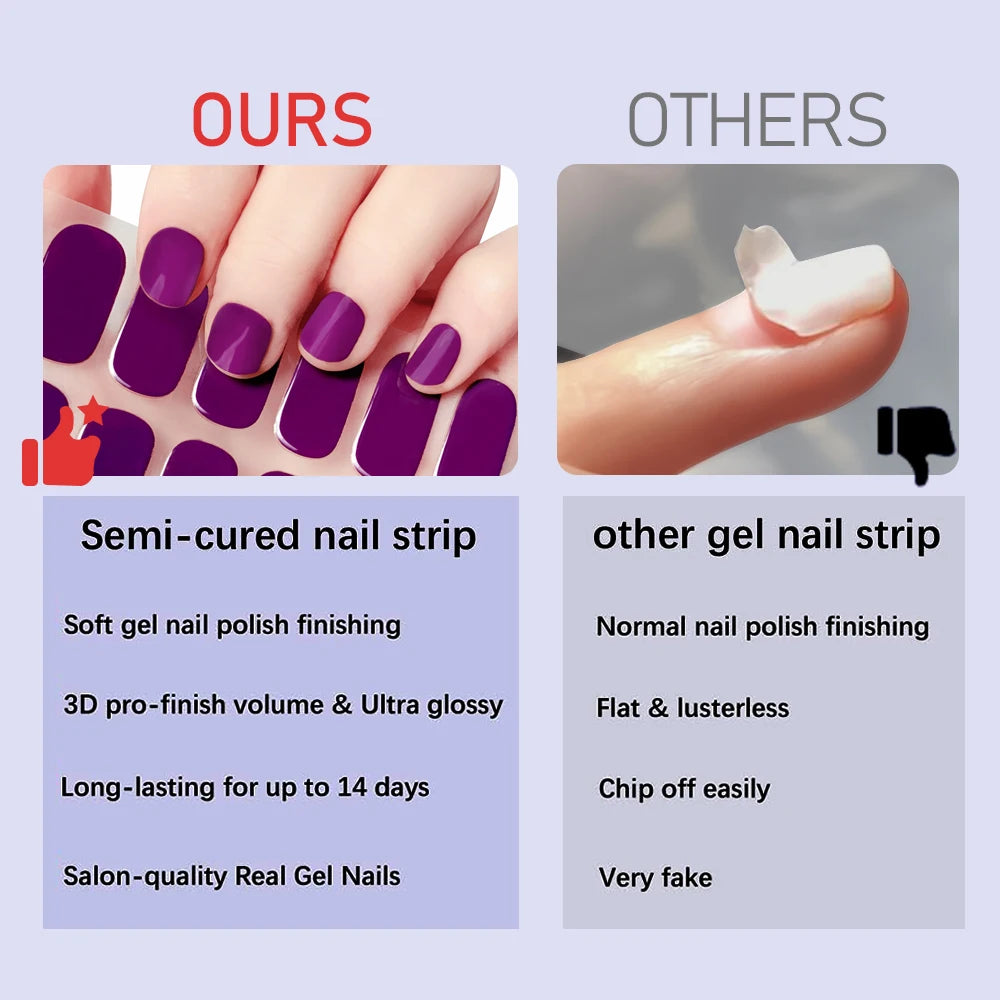 16Tips UV Semi-Cured Gel Nail Wraps Sticker 5D Pure Color Full Cover UV Lamp Gel Sticker Long-Lasting Nail Extension Patch Strip