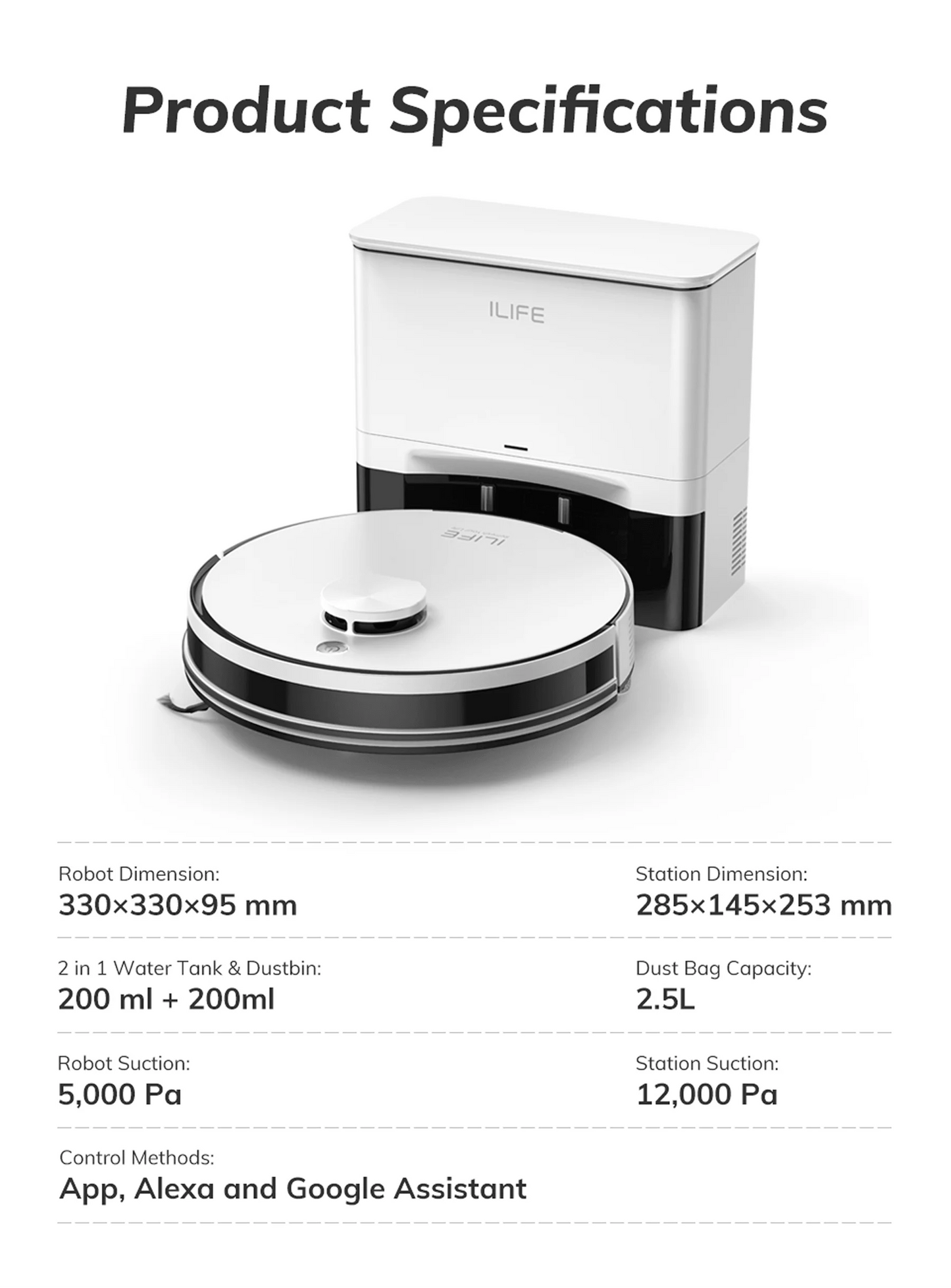 ILIFE A30 Pro Robot Vacuum Cleaner with Automatic Self-Emptying Station, 5000Pa Strong Suction, LDS Navigation, 180min Runtime, 2-in-1 Mop and Sweep, APP Control  ,Home Floor Carpet Clean