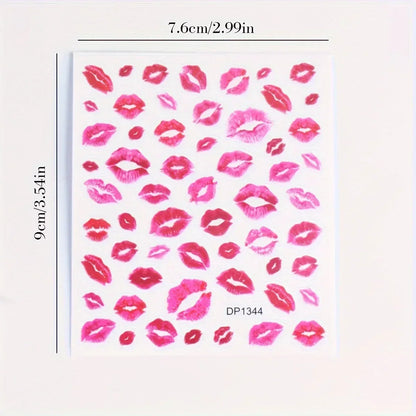 Fantasy Heart & Kiss Print Nail Art Stickers - Self-Adhesive, Matte Finish Decals for Easy DIY Manicures, Single Use