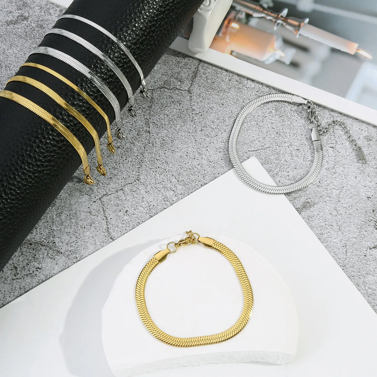 Gold Silver Color Stainless Steel Flat Chain Bracelet For Men Retro Jewelry Trendy Accessories Women Wrap Bangle
