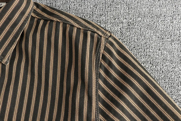 2025 Autumn And Winter New American Retro Stripe Long-Sleeve Lapel Shirt Men's Simple Fashion Washed Multi-pocket Casual Blouses