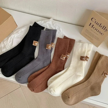 1/3Pairs Winter Thick Warm Padded Socks Solid Color Mid Calf Socks Women’s Casual Embroidered Logo Pile Socks Cold Weather Wear