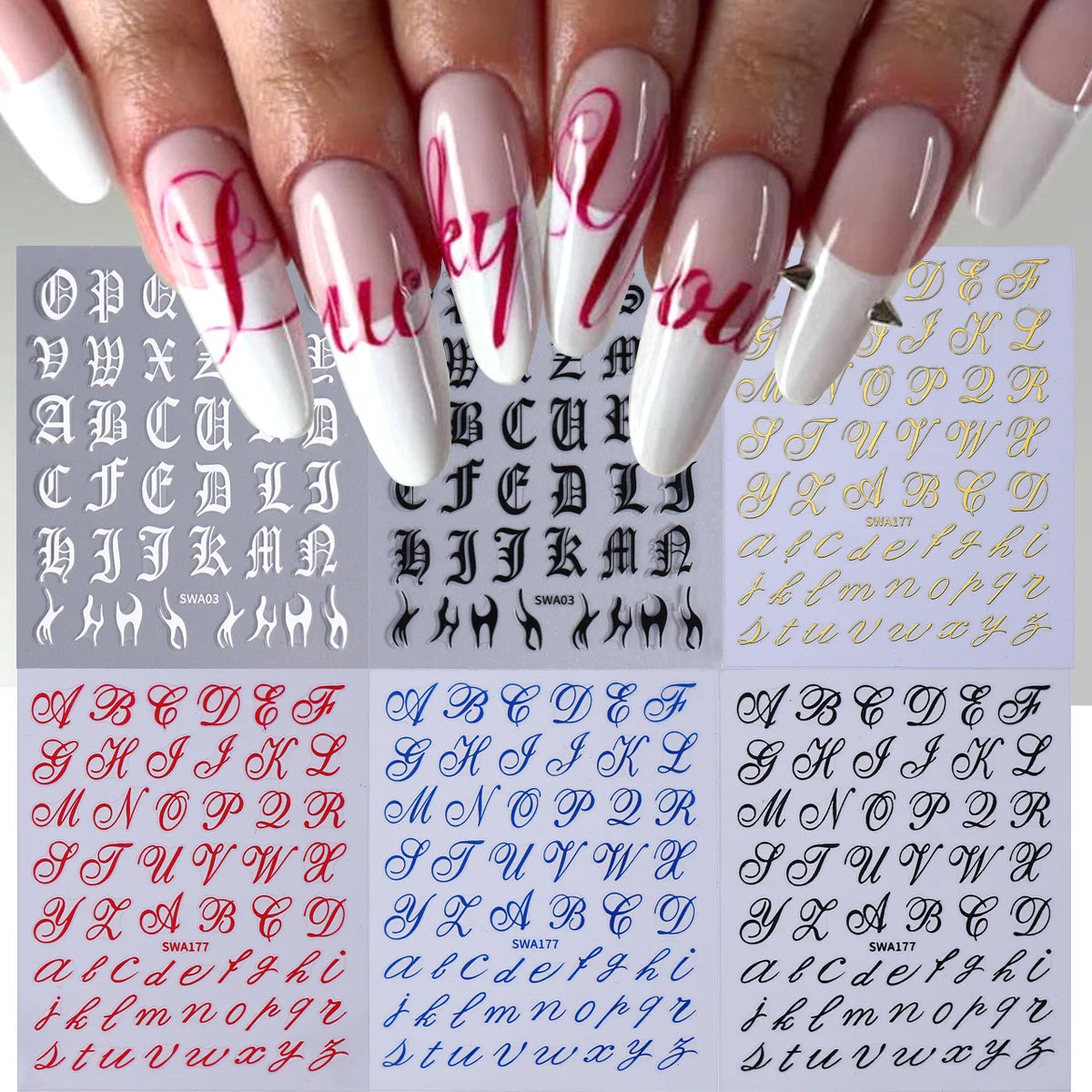 6pcs Gothic Letter Nail Decal English Alphabet Roman Word Design Foils Wraps 3D Fashion Y2K Design Decor Stickers Manicure Tips