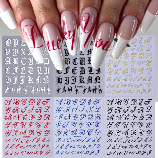6pcs Gothic Letter Nail Decal English Alphabet Roman Word Design Foils Wraps 3D Fashion Y2K Design Decor Stickers Manicure Tips
