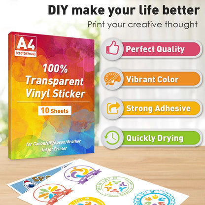 10-50 Sheets A4 Size Printable Vinyl Sticker Paper 100% Transparent for Inkhet Printer Self Adhesive Sticker Label NonWaterproof
