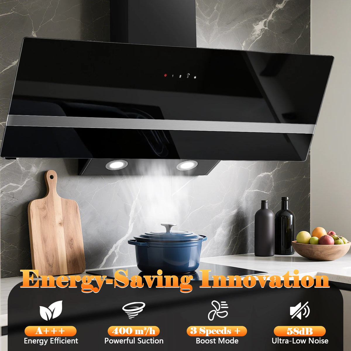 90cm Wall Hood, A+++ Energy Class, 400 m³/h, Touch Control, LED Light, Black Stainless Steel/Glass, Quiet 58 dB‌