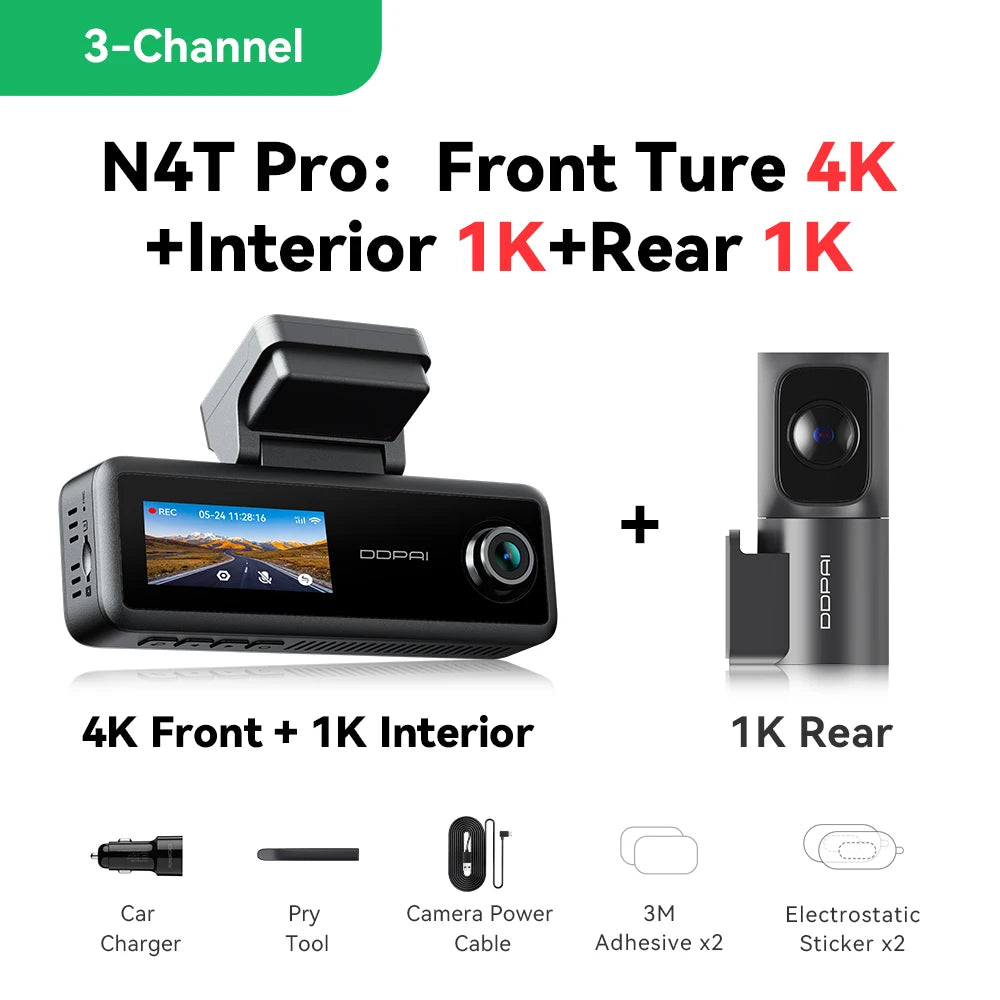【New】DDPAI N4T Pro Dash Cam 3-Channel HDR 4K+1080P+1080P Front Rear Interior Night Vision ADAS DVR Support 4G Parking Monitoring