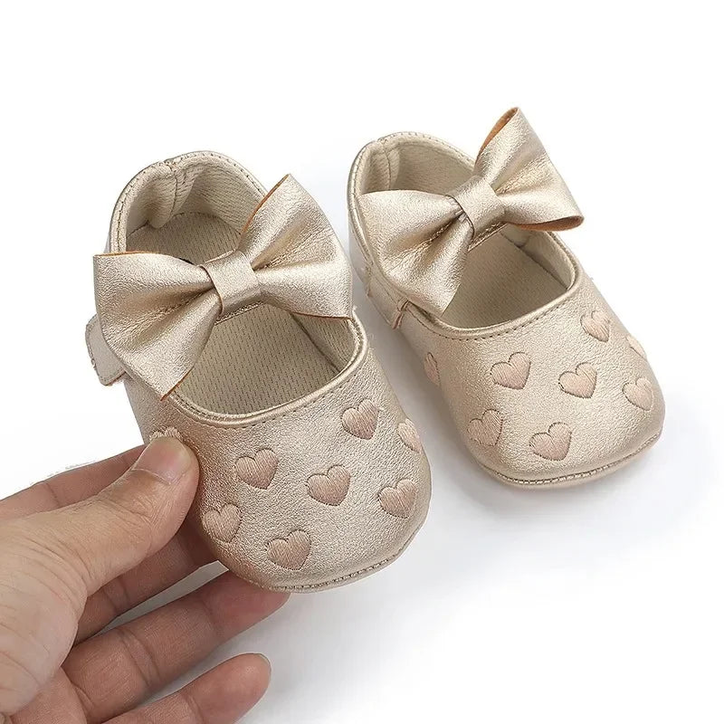 Baby Girls 0-18 Months Indoor First Walker Shoes Soft Cotton Sole Non-Slip Classic Embroidery Bowknot Hook & Loop Infant Booties