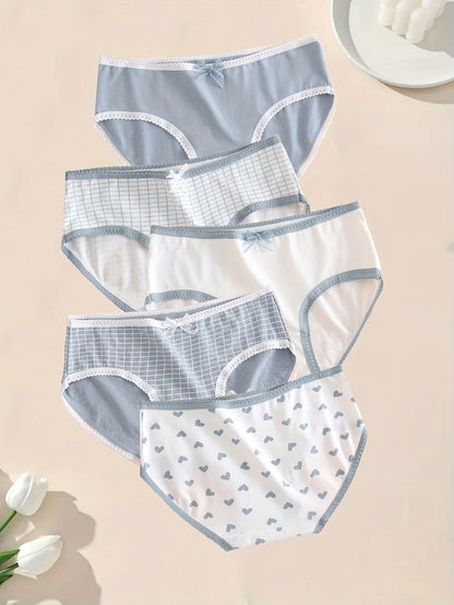 5pcs Women’s Soft Breathable Briefs Heart Plaid Print Panties Comfortable Intimates for Daily Wear