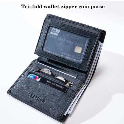 Men Wallet Genuine Leather Wallets for Men Zipper Purse Vertical Business Wallets RFID Anti-Theft Credit Card Holder Money Bag
