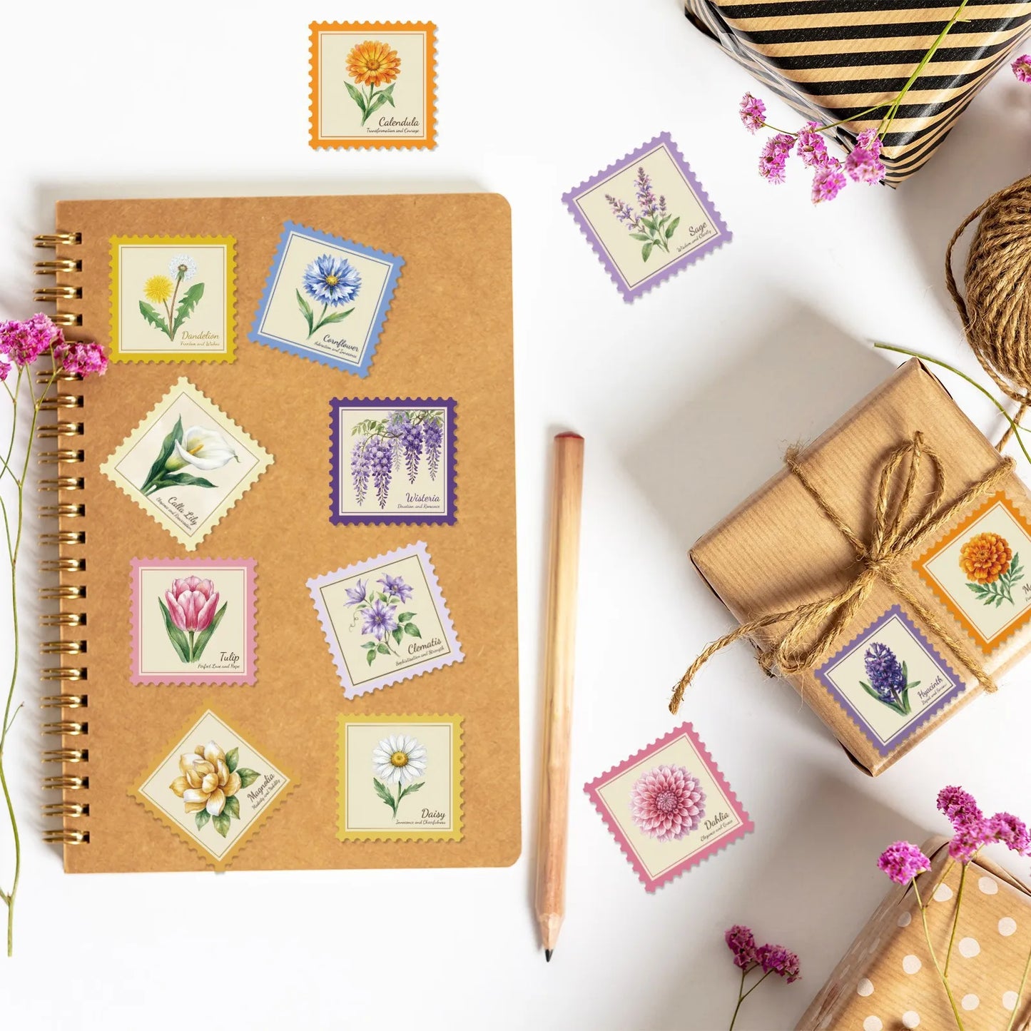 10/30/50PCS Stamp Style Literary Flowers Stickers Book DIY Skateboard Toys Guitar Luggage Suitcase Decoration Graffiti Sticker