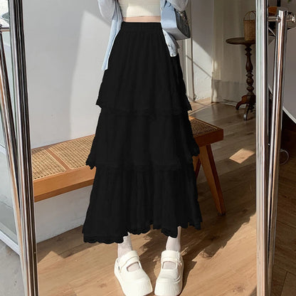 Sweet Lace Women Cake Puff Chiffon Skirts Summer Stylish Tierred Pleated Hem Solid Long Skirt Korean A-Line High Waist Skirts