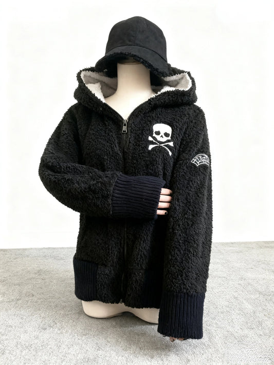 2025 Winter Y2k Lamb Wool Jackets Gothic Hoodies Women Vintage Casual Long Sleeve Hooded Coat Harajuku Skull Zipper Sweatshirts