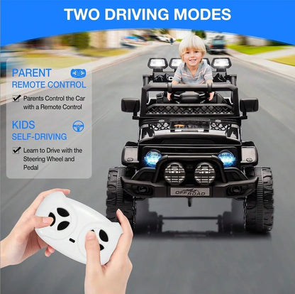 HAUSPROFI 12V Off-Road Ride-On Electric Car Toys for 3+ Years,With LED Lights,Remote Control,Seat Belt ,Bluetooth, 3-Speeds, Suspension