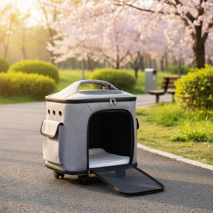 Rolling Pet Carrier Quiet Wheels Feline Carrier Suitcase Feline Travel Bag Large Capacity Portable for Outdoor