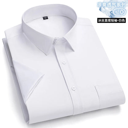 New Anti-Wrinkle Men Shirts Short Sleeves Dress Shirts For Men Slim Fit Camisa Social Business Blouse Pocket White Shirt S-7XL