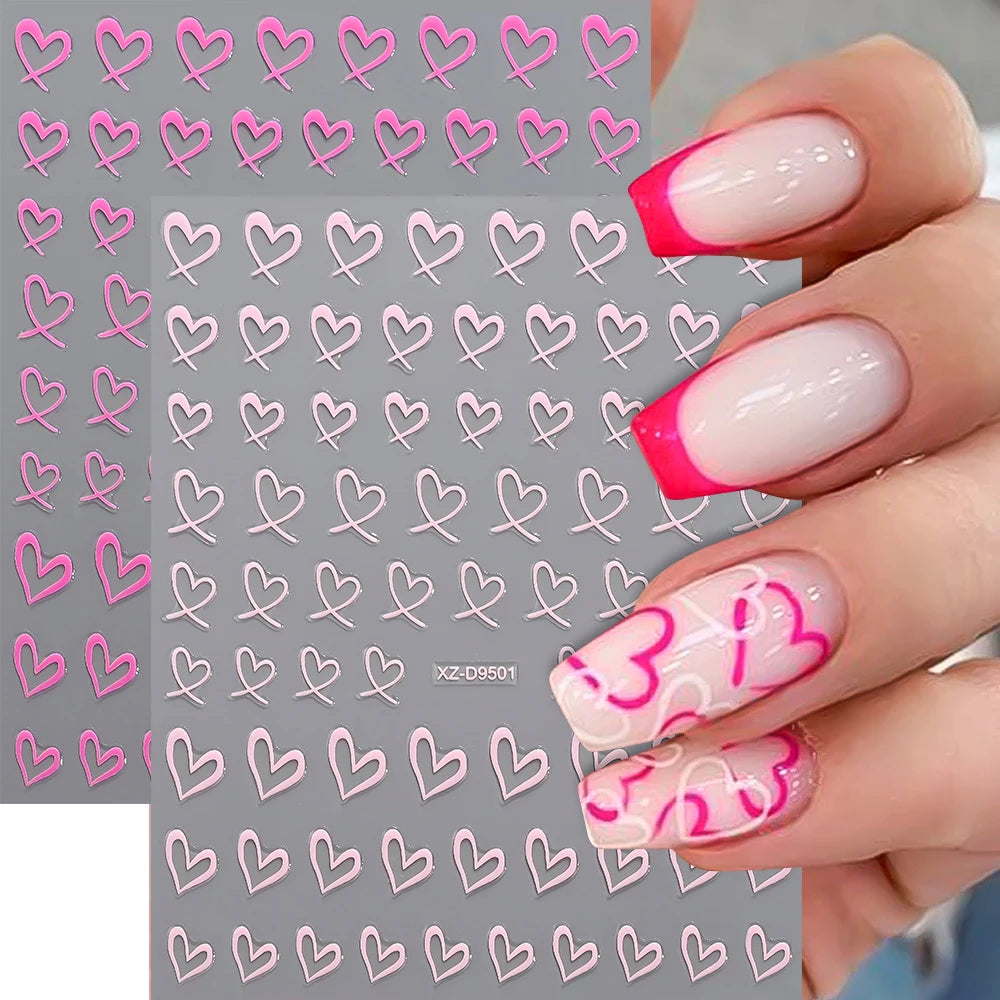8Colors 3D French Love-Heart Nail Stickers Hollow Sweetheart Adhesive Nail Decals DIY Valentine's Day Simple Manicure Decoration