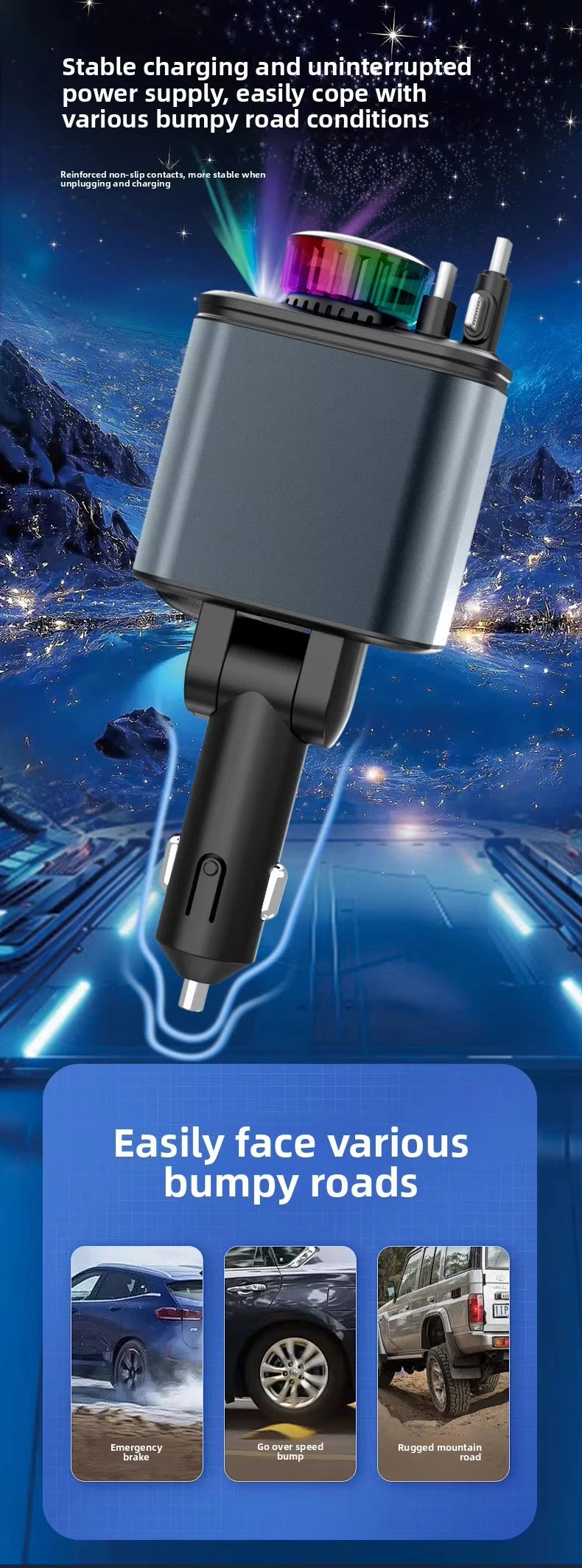 120W 5-in-1 Car Fast Charger Retractable Cable PD 30W Digital Voltmeter Star Light Car Charging Adapter For IOS Android