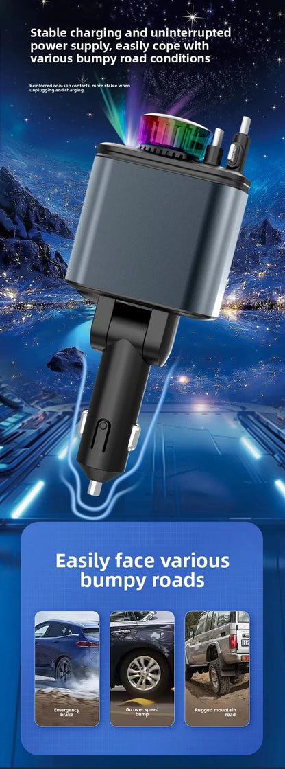 120W 5-in-1 Car Fast Charger Retractable Cable PD 30W Digital Voltmeter Star Light Car Charging Adapter For IOS Android