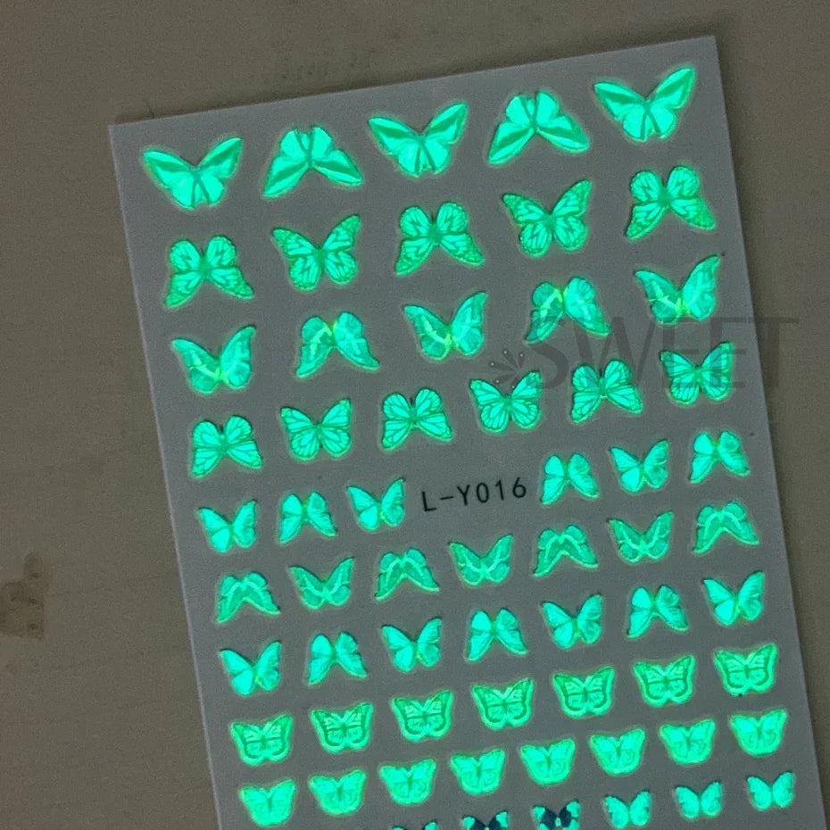 3pcs Luminous Butterfly Nail Decal Stickers Colorful Blue Butterfly Series Design Glow In The Dark Night Polish Sliders Manicure