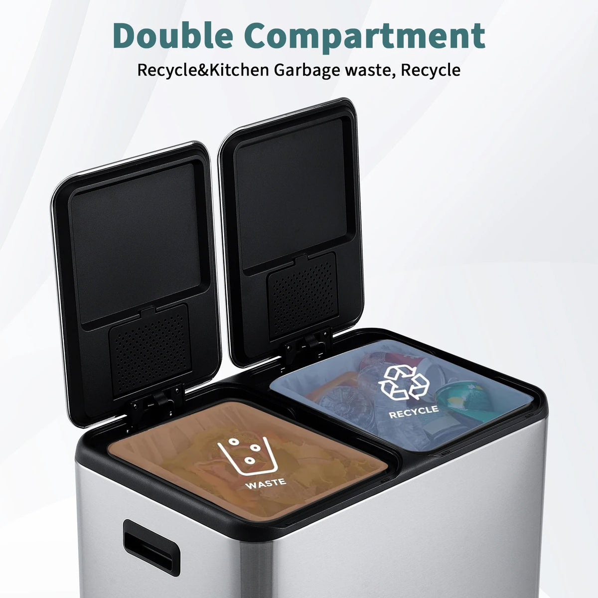 2 * 30L Stainless Steel TrashCan Dual Classification Foot Pedal Bins - Soft Close Lid/Removable Liner Buckets Recycling Solution