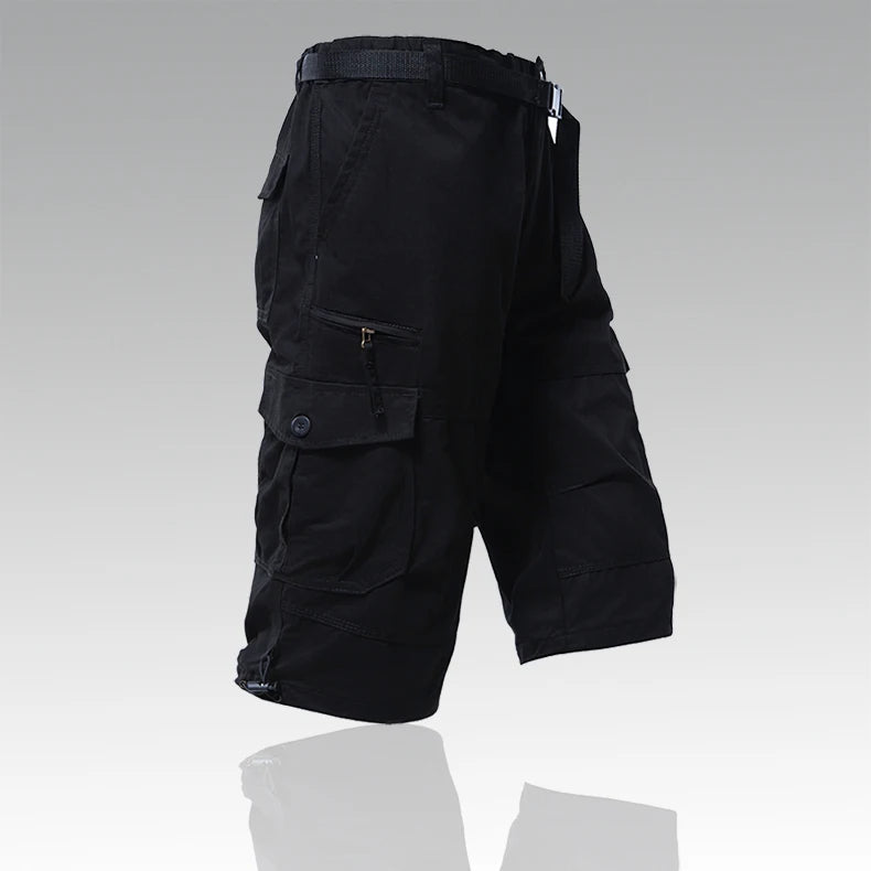 Mens Cargo Shorts 100% Cotton Casual Running Shorts Elastic Waist Hiking Outdoor with a Belt