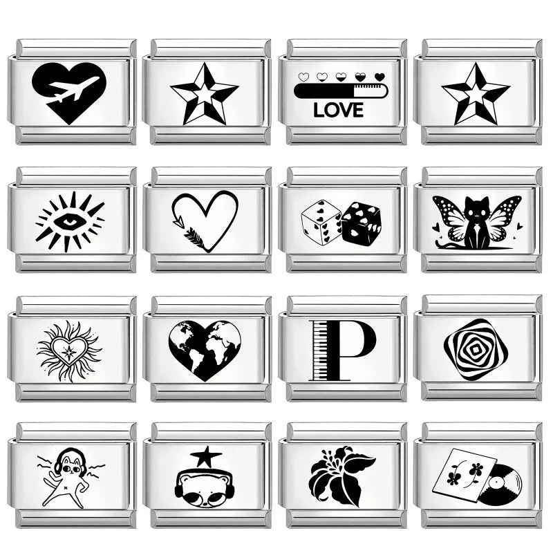 Laser Engraving Cute Cartoon Black Playing Cats Italian Charm Links Fit 9mm Stainless Steel Bracelet Men Women DIY Making Gifts
