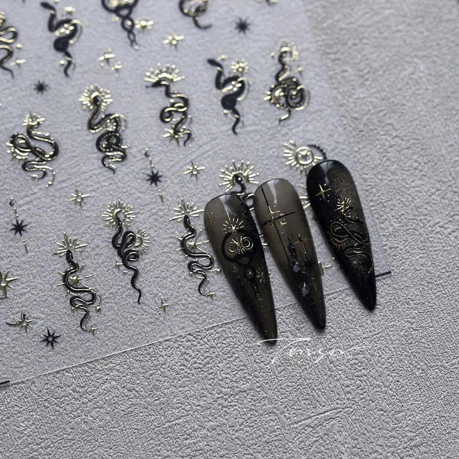 5D Gold Stamped Silver Sun Stars Snake Nail Art Stickers Totems Reliefs Self Adhesive Dark Chinese Style Manicure Decals