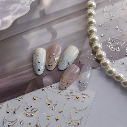 1Pcs 5D French Star Moon Chains Nail Art Stickers Gold/Silver Curved Lines,Starlight Nails Slider Self-Adhesive Manicure Decal &