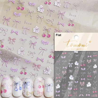 5D Cute Rabbit Love Heart Peach Blossom Flower Yellow Nail Art Stickers Bowknot DIY Self Adhesive Rhinestone Manicure Decals