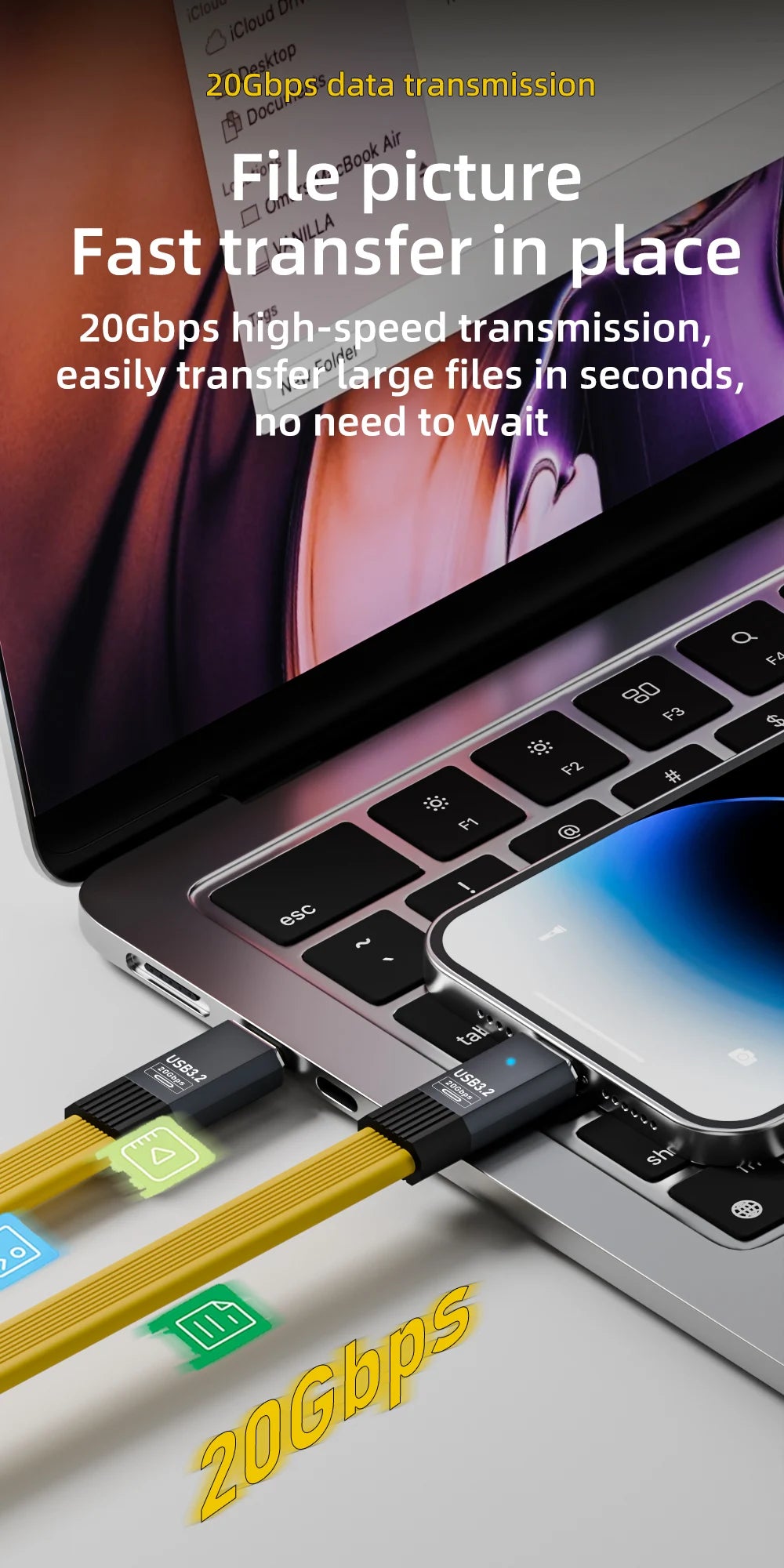 PD 100W Short USB C to USB C Cable Fast Charging 5A USB C Cord USB3.2 20Gbps Data Transfer 8K@60Hz Flat Data Charge Cable