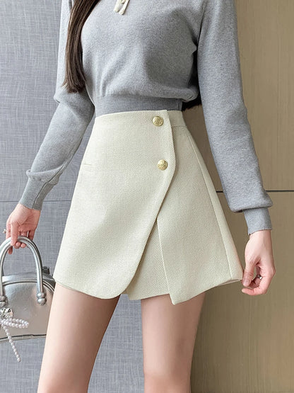 Autumn Winter Tweed Skirts Shorts Women Fashion Streetwear Cross Irregular Booty Shorts Pink Black Culottes Wide Leg Short Pants