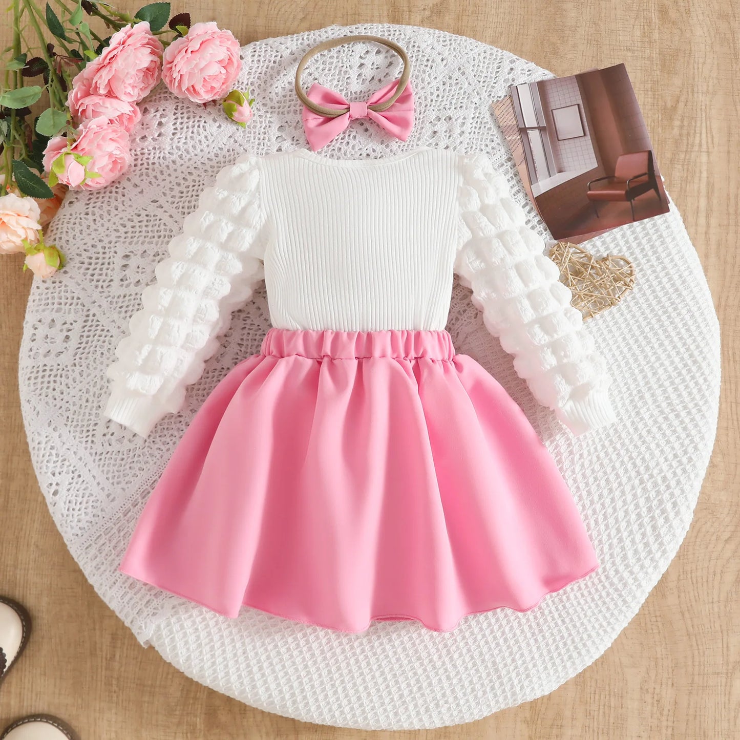 0-3Y Baby Girl Outfit Set 2pcs Puffy Sleeve Heart Shape Top and Corduroy Skirts Valentines Day Sweet Toddler Kids Clothes Girls