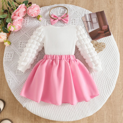 0-3Y Baby Girl Outfit Set 2pcs Puffy Sleeve Heart Shape Top and Corduroy Skirts Valentines Day Sweet Toddler Kids Clothes Girls
