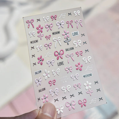 Shell Light Nail Stickers Small Fresh White Bow Ribbon Nail Charms Stickers Self Adhesive Nails 3D Decorations Parts DIY Decals