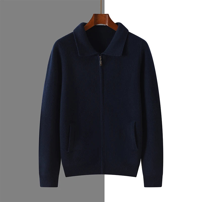 Men's 100% Merino Wool Thickened Sweater Polo Collar Business Zippered Cardigan Autumn Winter New Cashmere Jacket Knitted Top