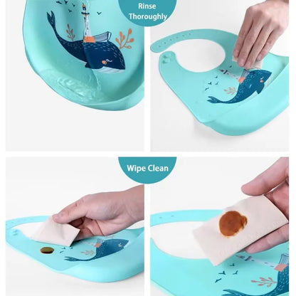 ‌Waterproof Silicone Baby Bibs – Adjustable & Cute Printed Design for Girls & Boys, Soft Leak-Proof Feeding Bibs, BPA-Free & Dis