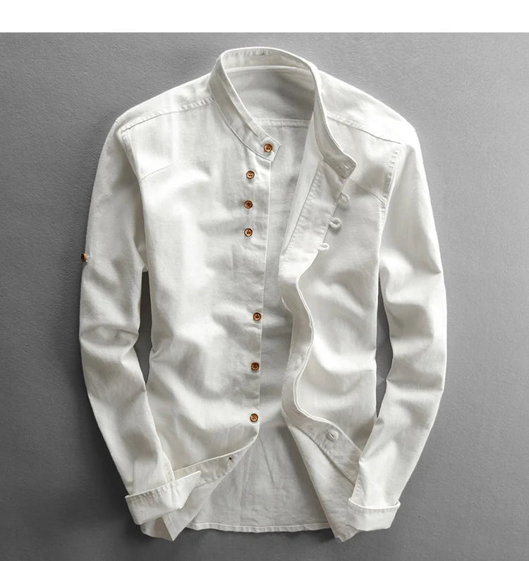 Japan Style Mens Linen Cotton Shirt Harajuku Stand Collar Long Sleeve Slim Fit Solid Color Male Casual Breathable Classical Tops