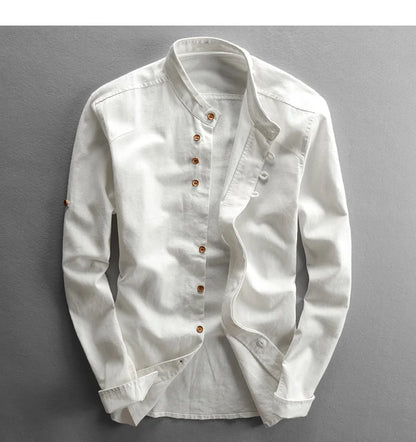 Japan Style Mens Linen Cotton Shirt Harajuku Stand Collar Long Sleeve Slim Fit Solid Color Male Casual Breathable Classical Tops