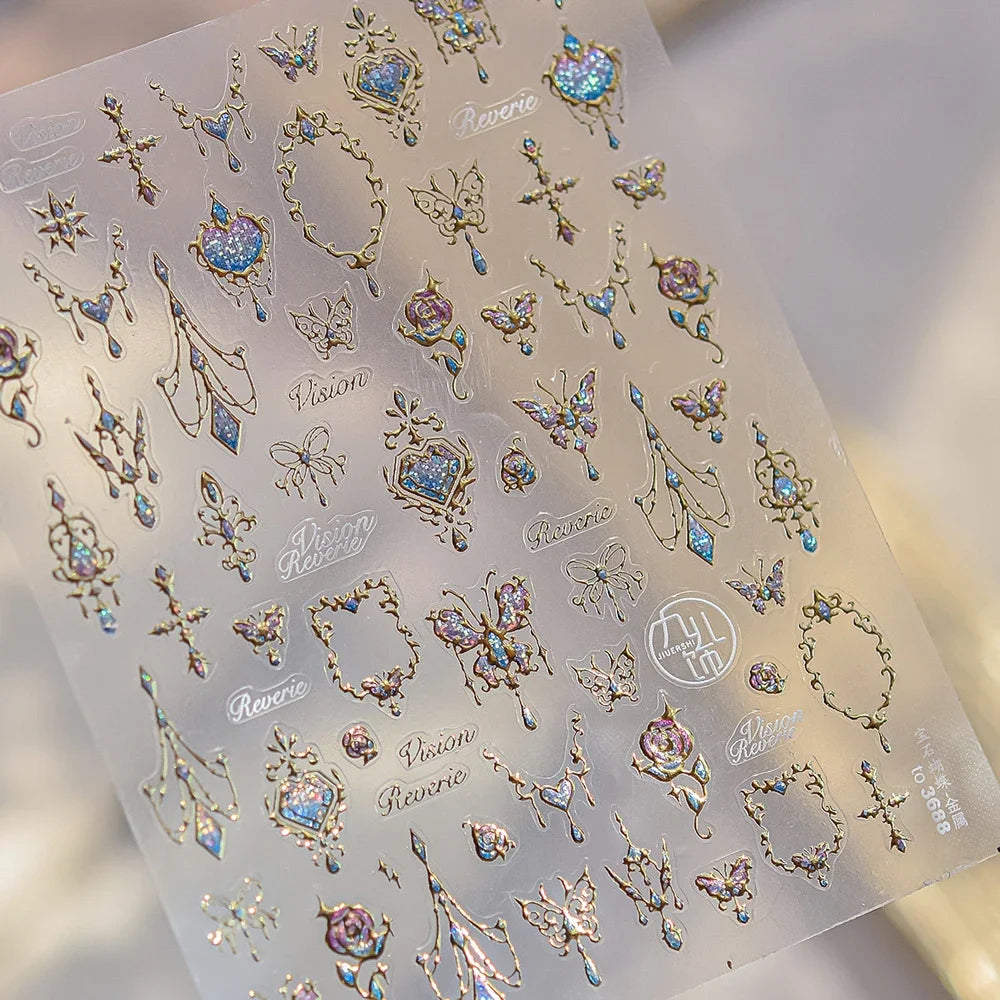 Bohemian Pattern Colorful Love Heart Moon Pearl Crystal Rhinestone 5D Nail Art Sticker Self Adhesive Decoration Manicure Decal