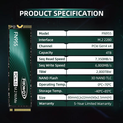 Fikwot FN955 M.2 SSD 4TB 2TB 1TB 7350MB/s PCIe4.0x4 NVMe1.4 M.2 2280 SSD Disk Internal Solid State Drive for PS5 Desktop Laptop