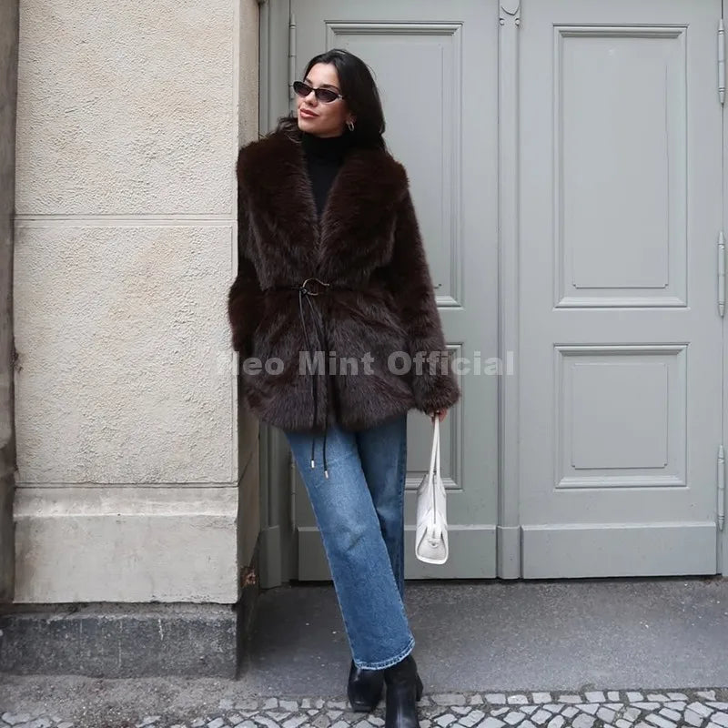 Neo Mint Chic Brand Fashion Brown Belted Faux Fur Coat Women 2025 Winter Thick Warm Long Fox Fur Jacket Girls Furry Overcoat
