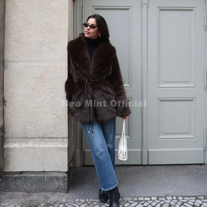 Neo Mint Chic Brand Fashion Brown Belted Faux Fur Coat Women 2025 Winter Thick Warm Long Fox Fur Jacket Girls Furry Overcoat